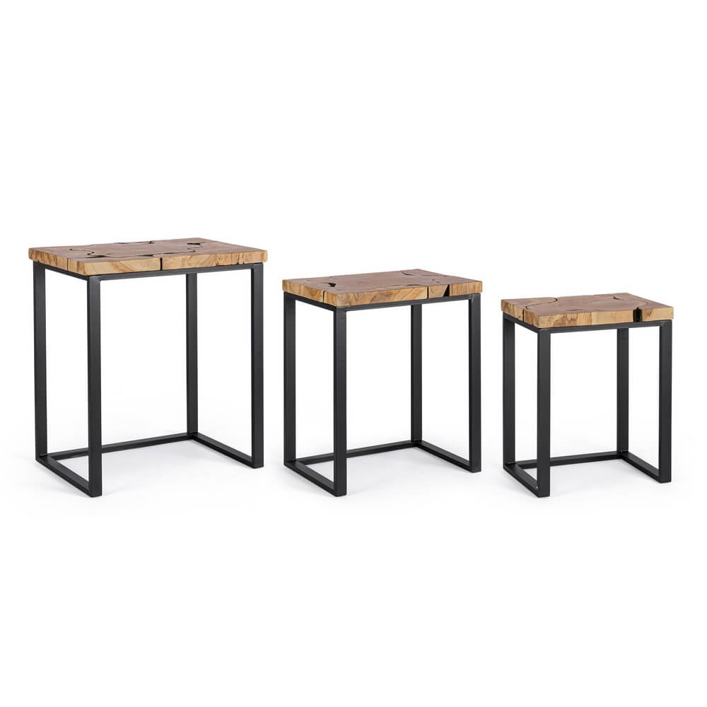 Set da 3 Tavolini in Radica di Teak e Acciaio Verniciato - MIRANDA