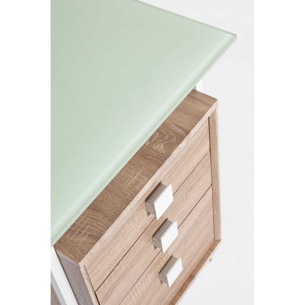 Scrivania con Piano in Vetro e Cassettiera in Legno 3 Cassetti - ESSENCE