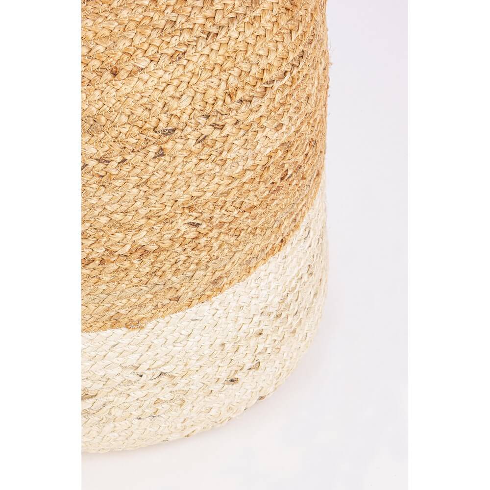 Pouf rotondo in iuta intrecciata bicolore naturale e bianco - THOMAS