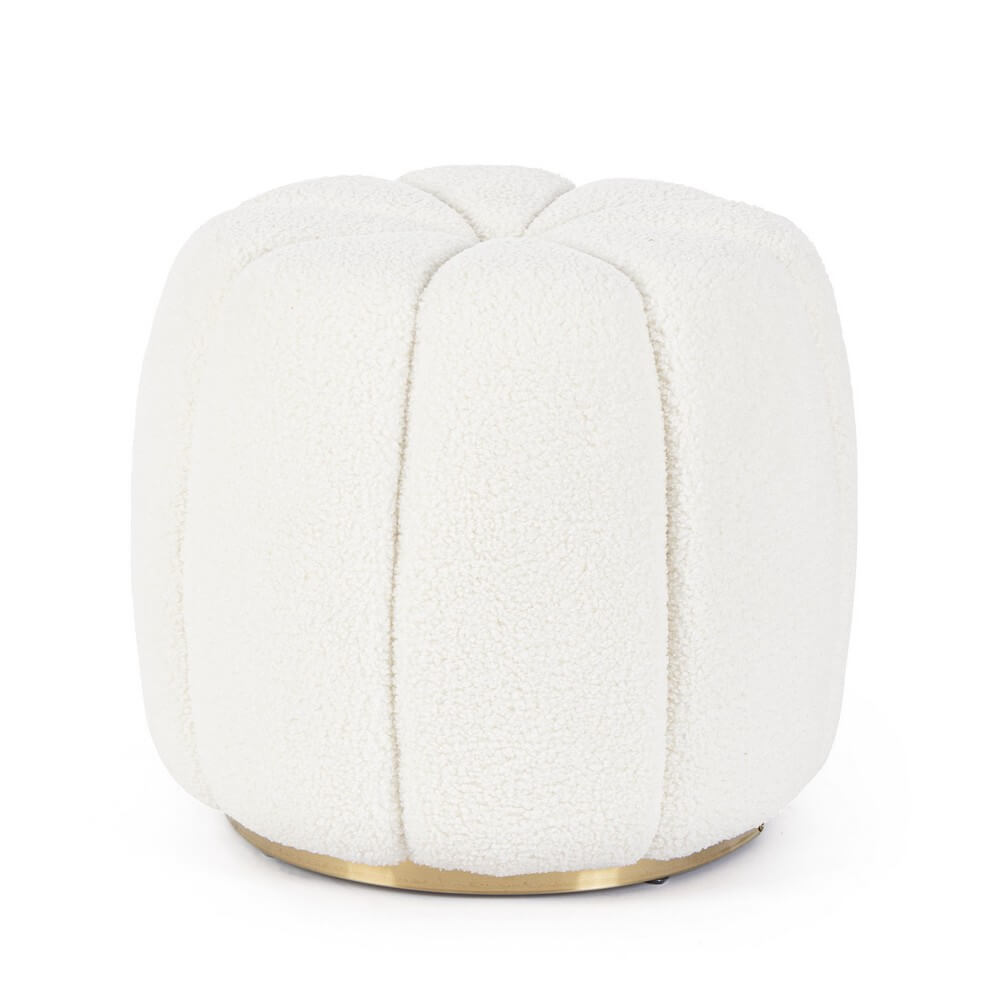 Pouf tondo imbottito in tessuto effetto lana con base dorata - RACHEL