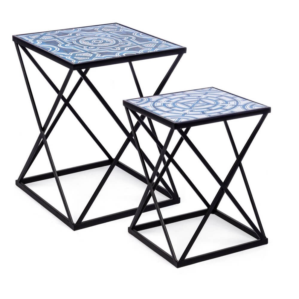 Set di 2 tavolini da appoggio in acciaio con piano decorato - DECLAN