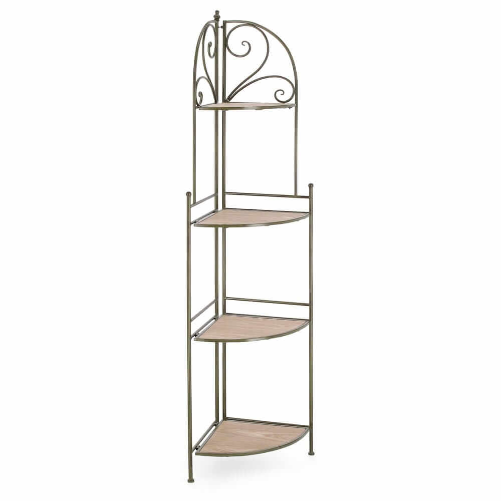 Angoliera HIDDEN GARDEN verde scuro a quattro ripiani curvi, vista frontale con struttura bronzo #colore_Verde Scuro