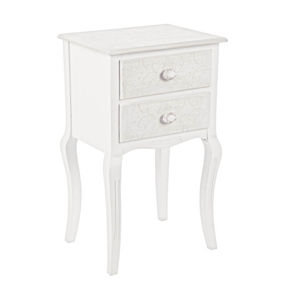 Comodino con 2 Cassetti in MDF Bianco Stile Romantico Floreale - CLARA