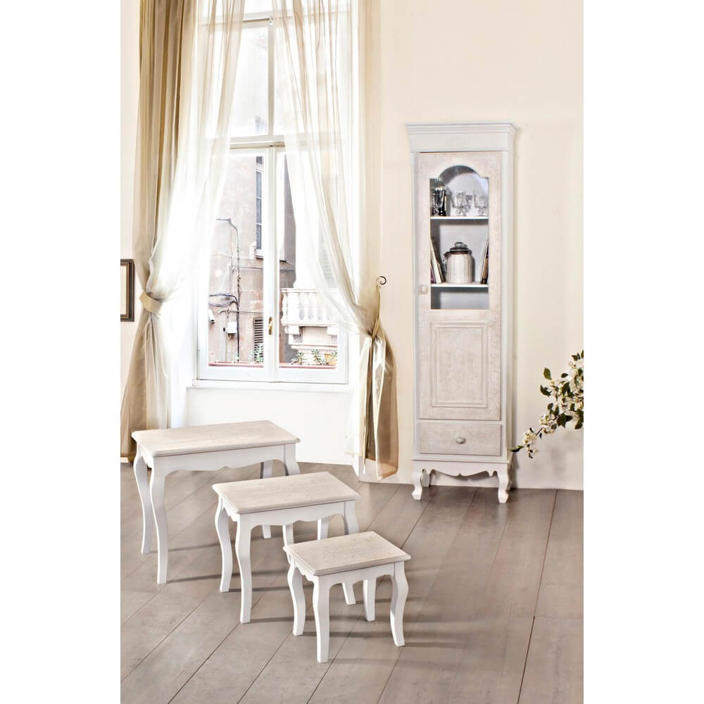 Set da 3 Tavolini Shabby Chic in MDF Bianco con Motivi Floreali - CLARA