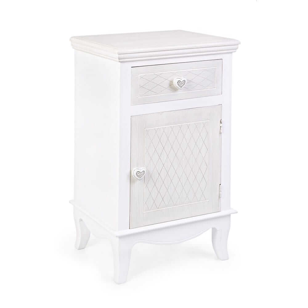 Comodino Bianco in MDF con 1 Anta e 1 Cassetto Stile Romantico - ADELINE
