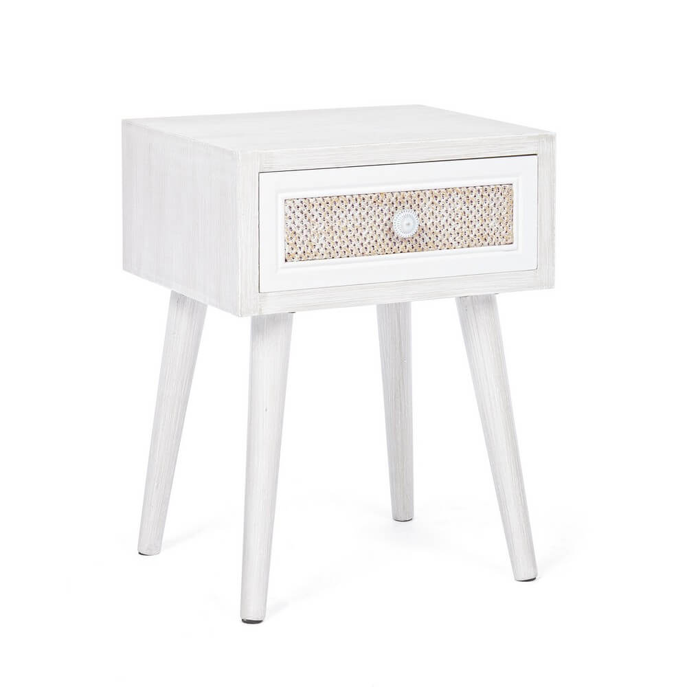 Comodino in MDF con 1 Cassetto in Tessuto e Piedini in Legno - MONIQUE