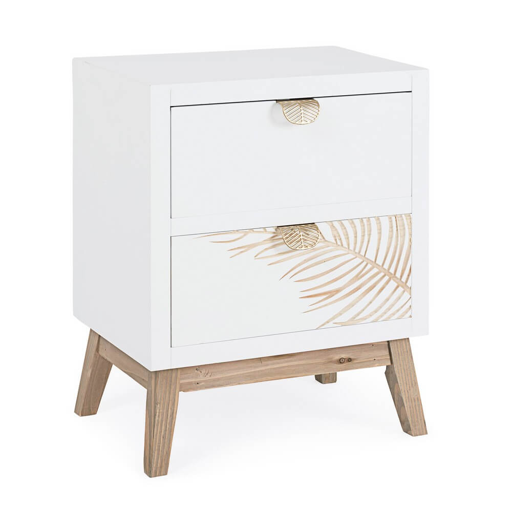 Comodino 2 Cassetti Bianco in Legno con Decoro Foglie - FLORA