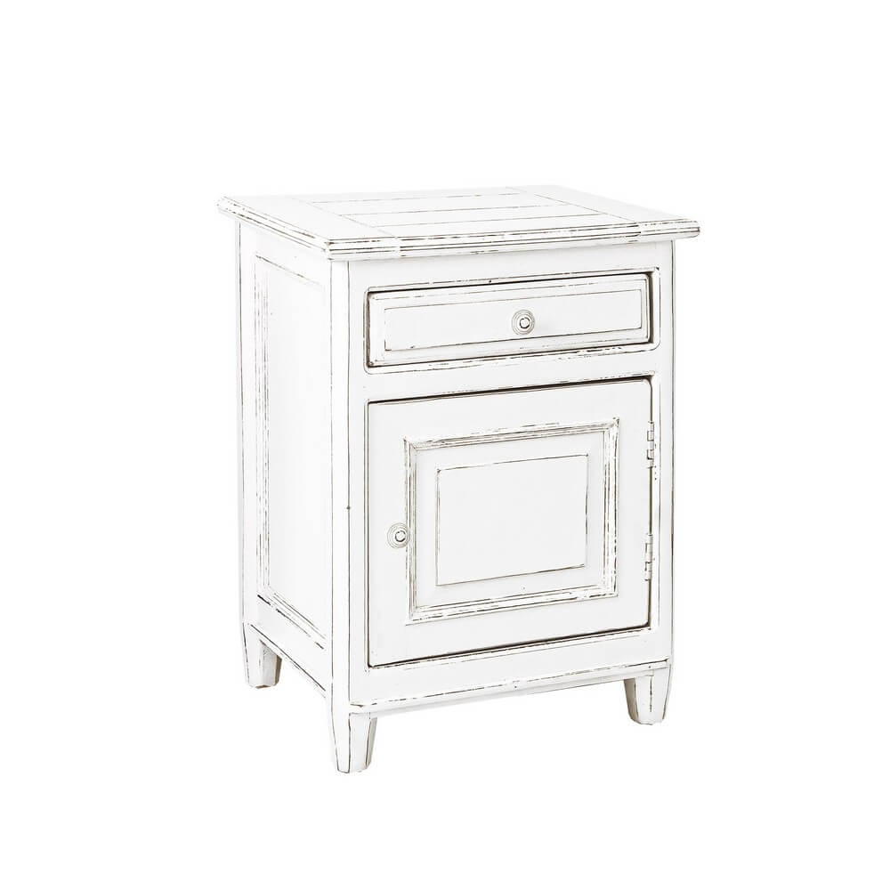 Comodino in Legno Mango 1 Anta 1 Cassetto Stile Shabby Bianco Anticato - CORINNE