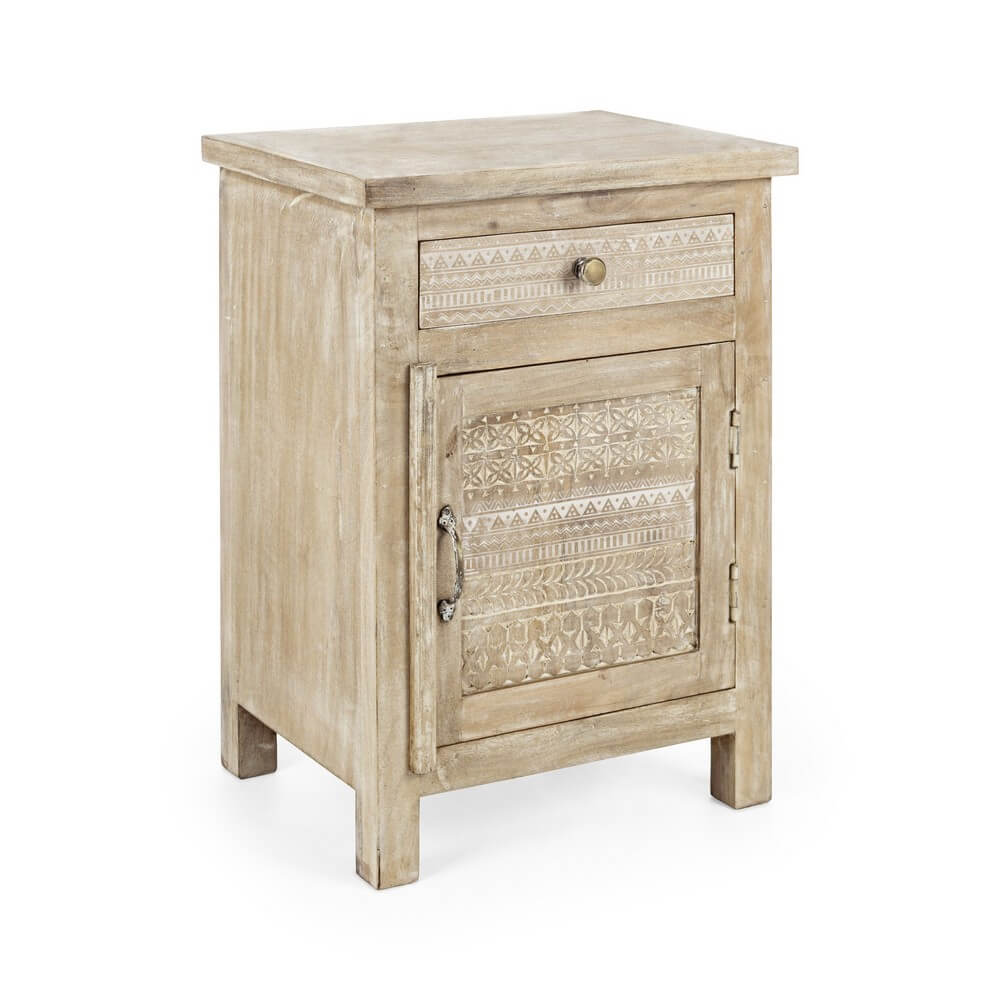 Comodino in Legno di Mango con 1 Anta e 1 Cassetto Intagliato - ASHLEY