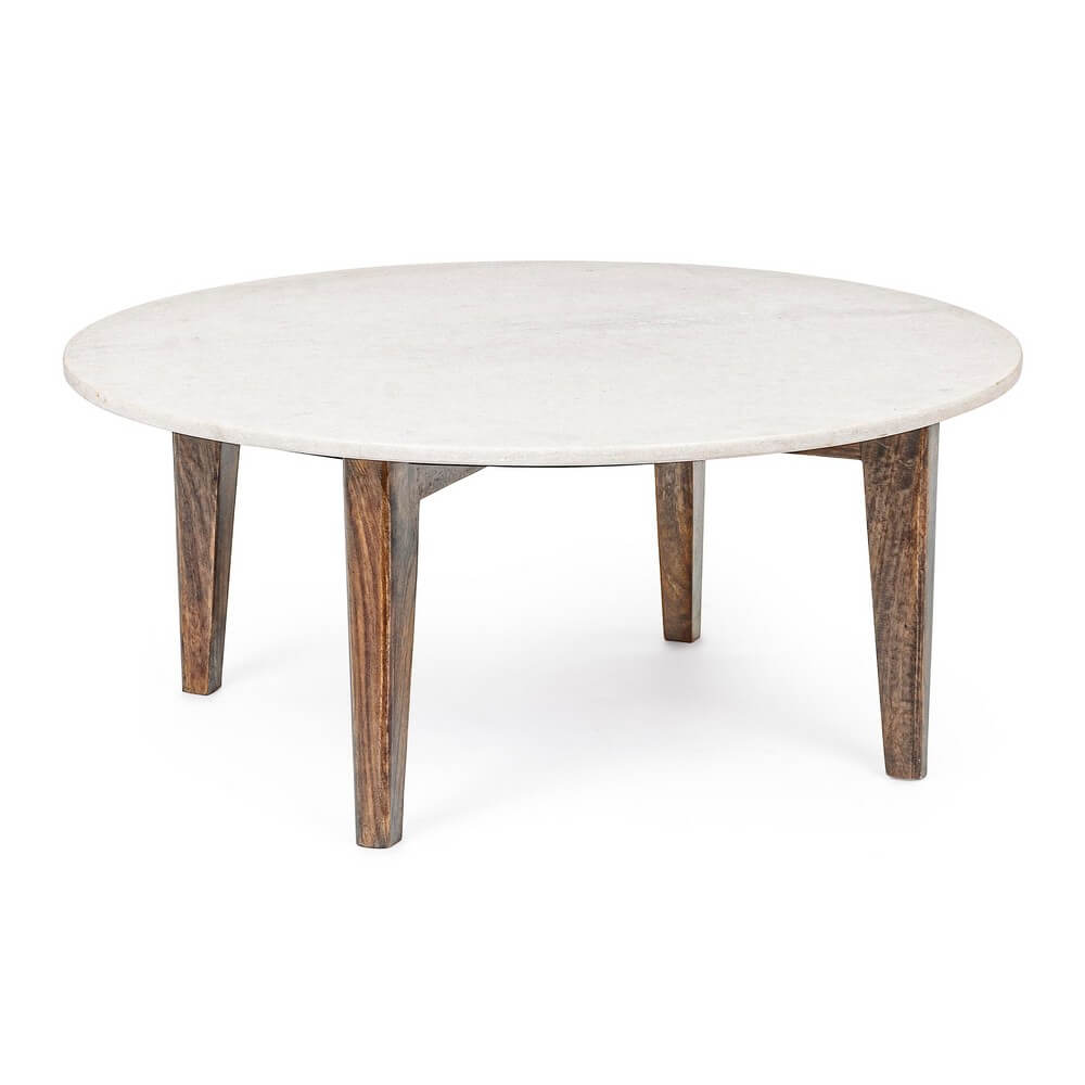 Tavolino da salotto rotondo piano in marmo e gambe legno mango - JAXON