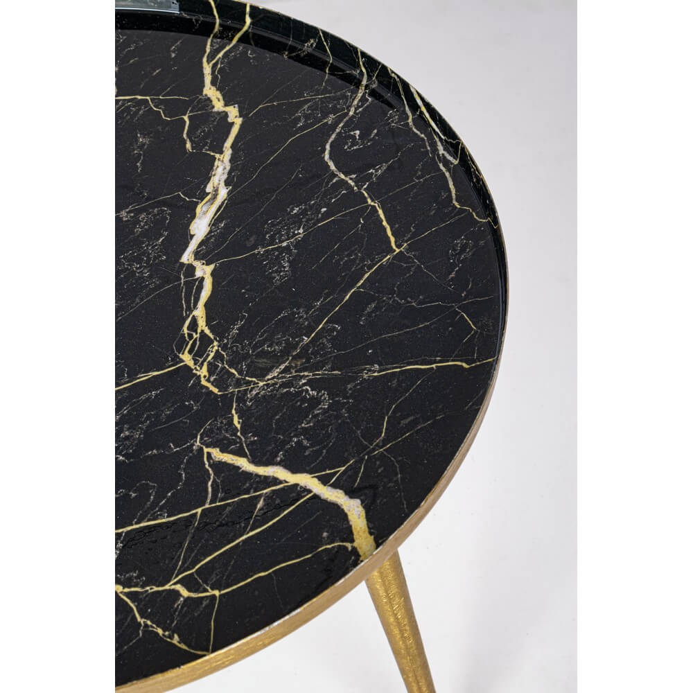 Tavolino rotondo in metallo dorato con piano effetto marmo nero - KALEB