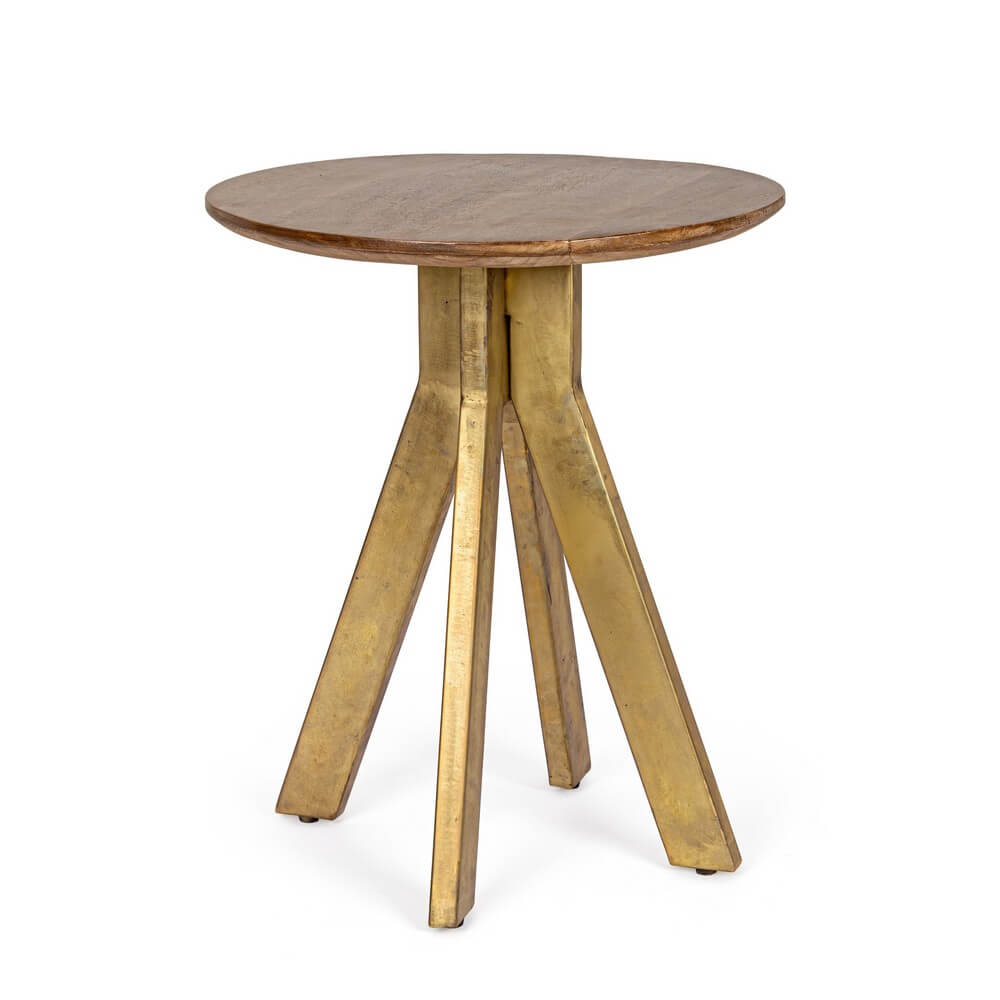 Tavolino rotondo legno di mango e acciaio ottonato 50 cm - WESLEY