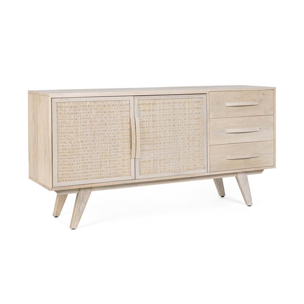 Credenza in Legno di Mango con 2 Ante in Rattan e 3 Cassetti - LENA