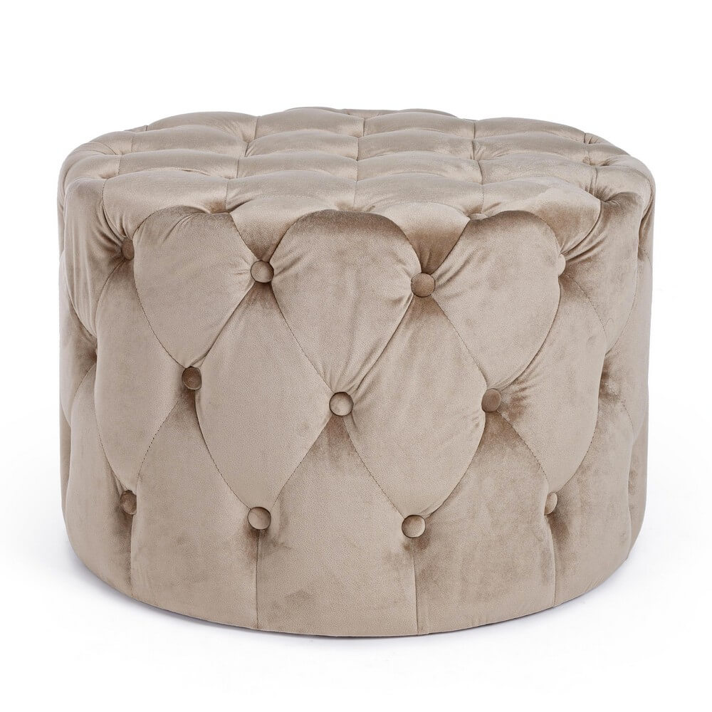 Pouf Rotondo in Velluto Trapuntato con Bottoni Stile Chesterfield - LEWIS