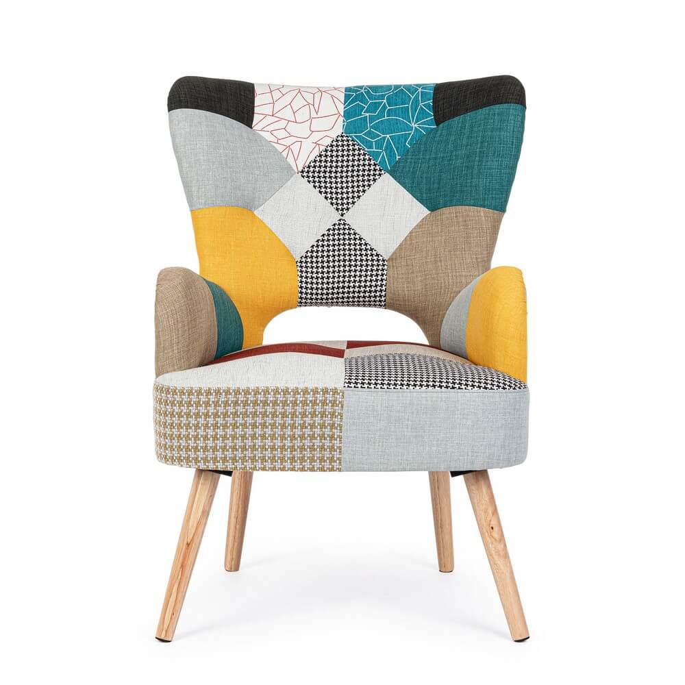 Poltrona imbottita in tessuto patchwork multicolore con gambe in legno - CHRISTOPHER