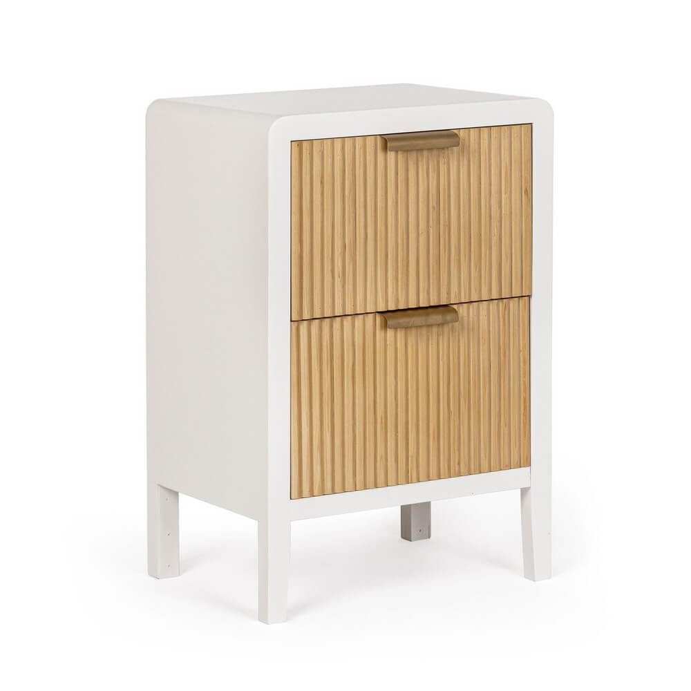 Comodino con 2 Cassetti in Legno Bianco e Naturale con Frontali Rigati - CHARLOTTE