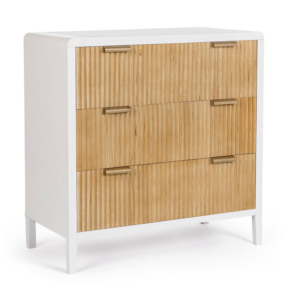 Cassettiera 3 Cassetti in Legno Bianco e Naturale con Maniglie Oro - CHARLOTTE
