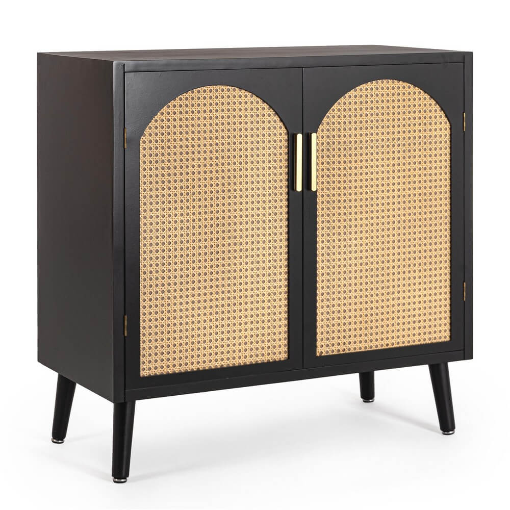 Credenza 2 Ante in Legno Nero con Inserti in Rattan - JOSIE