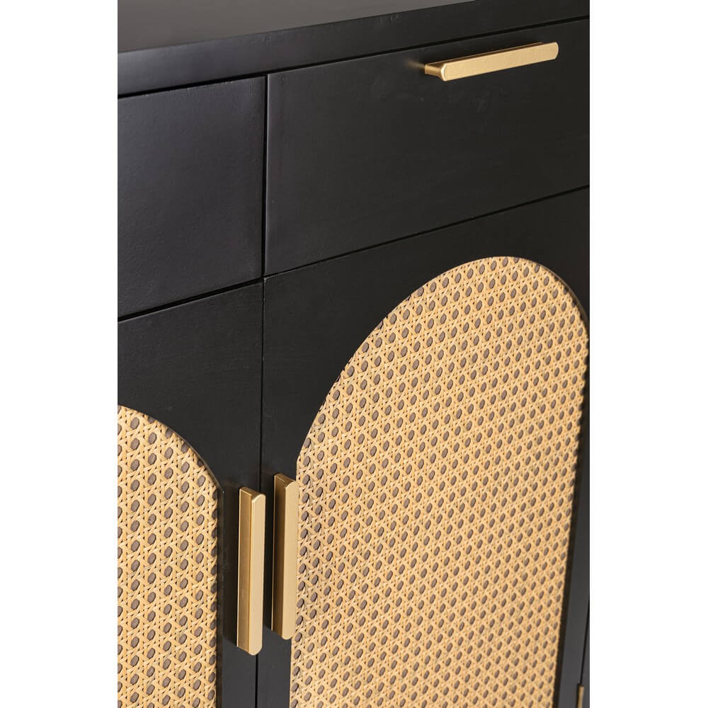 Credenza in Legno Nero 2 Ante e 2 Cassetti con Inserti in Rattan - JOSIE