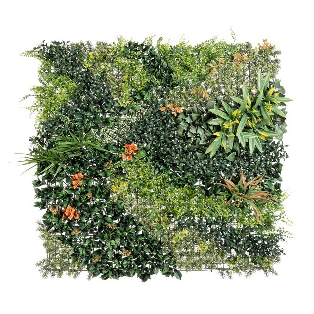 Pannello parete verde artificiale con fiori arancio 100x100 cm - NOVARA
