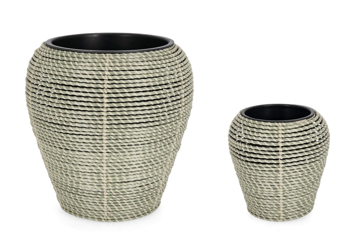 Set di 2 Set da 2 Porta Vaso Bombato in Polyrattan Verde con Vaso Estraibile - THANH
