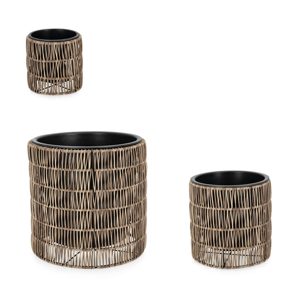 Set di 2 Porta Vaso in Polyrattan con Vaso Estraibile Rotondo - AYUN