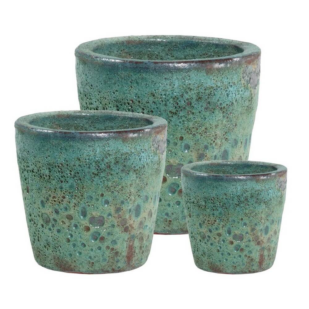 Set da 3 Porta Vasi Tondi in Terracotta Smaltata Verde da Esterno - DUYEN