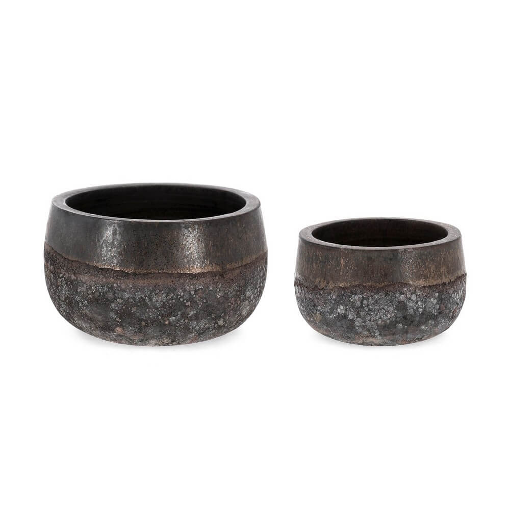 Set di 2 Porta Vaso Tondi Bassi in Terracotta Smaltata Rustica da Esterno - DUYEN