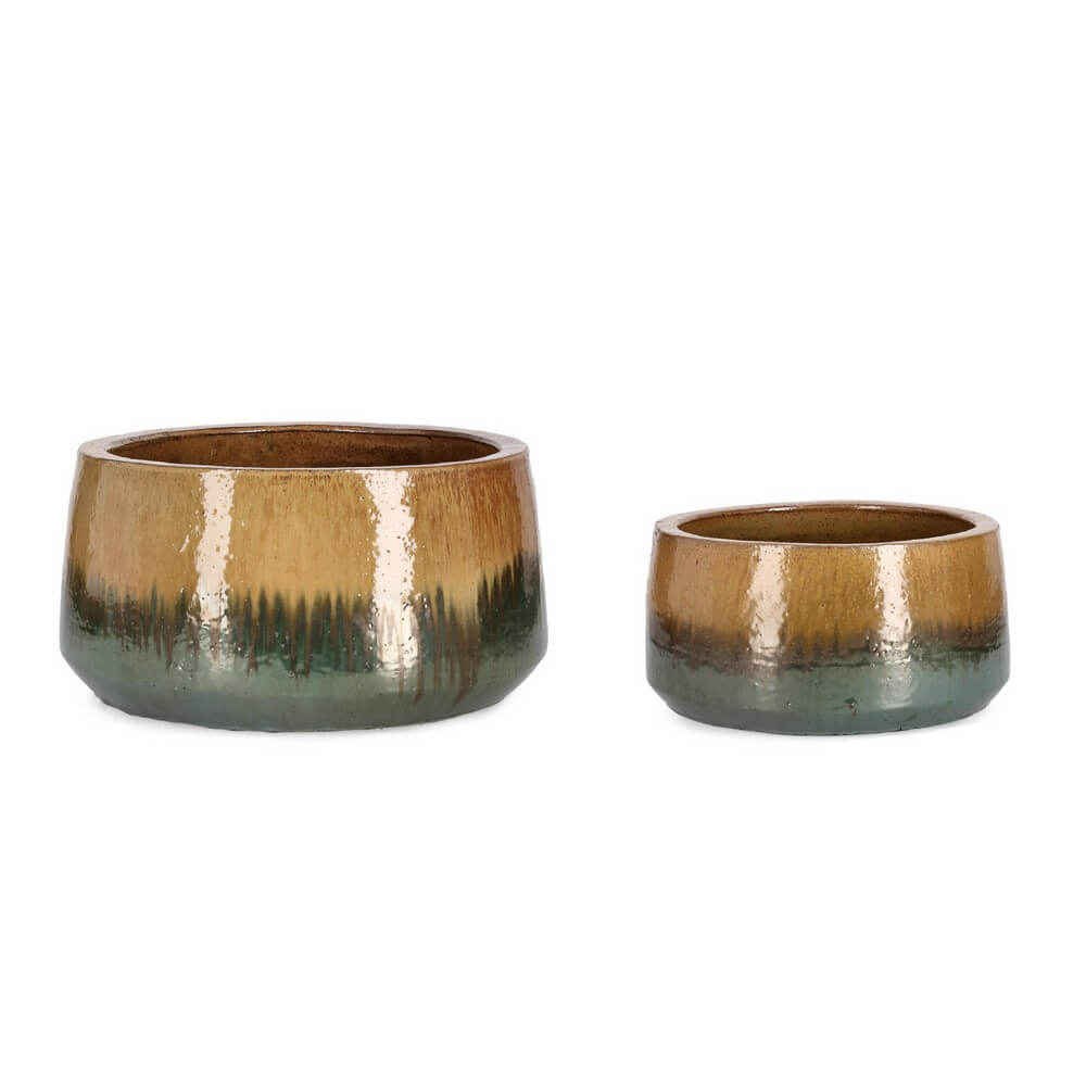 Set di 2 Porta Vasi Bassi in Terracotta Smaltata da Esterno - THRAN