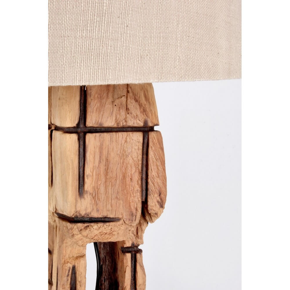 Lampada da tavolo in legno di teak riciclato con paralume in cotone beige - KLETA