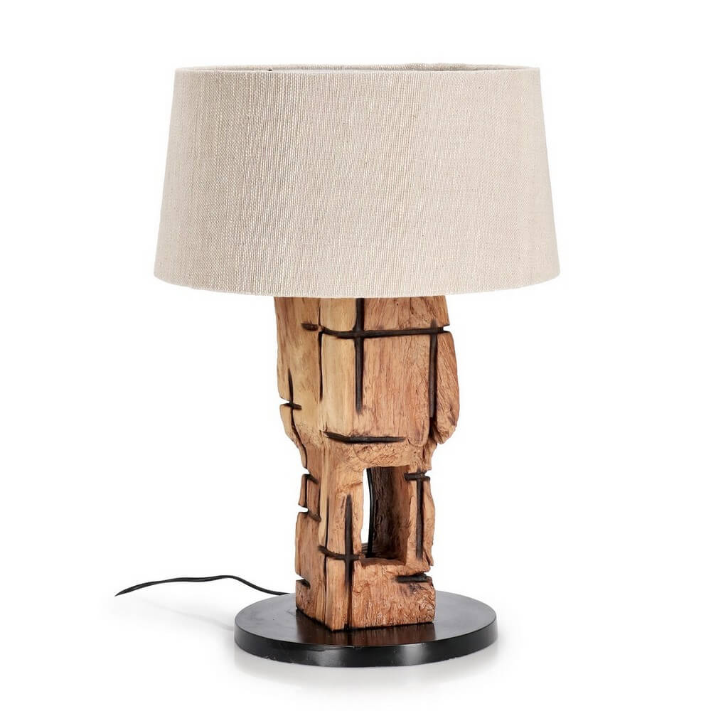 Lampada da tavolo in legno di teak riciclato con paralume in cotone beige - KLETA
