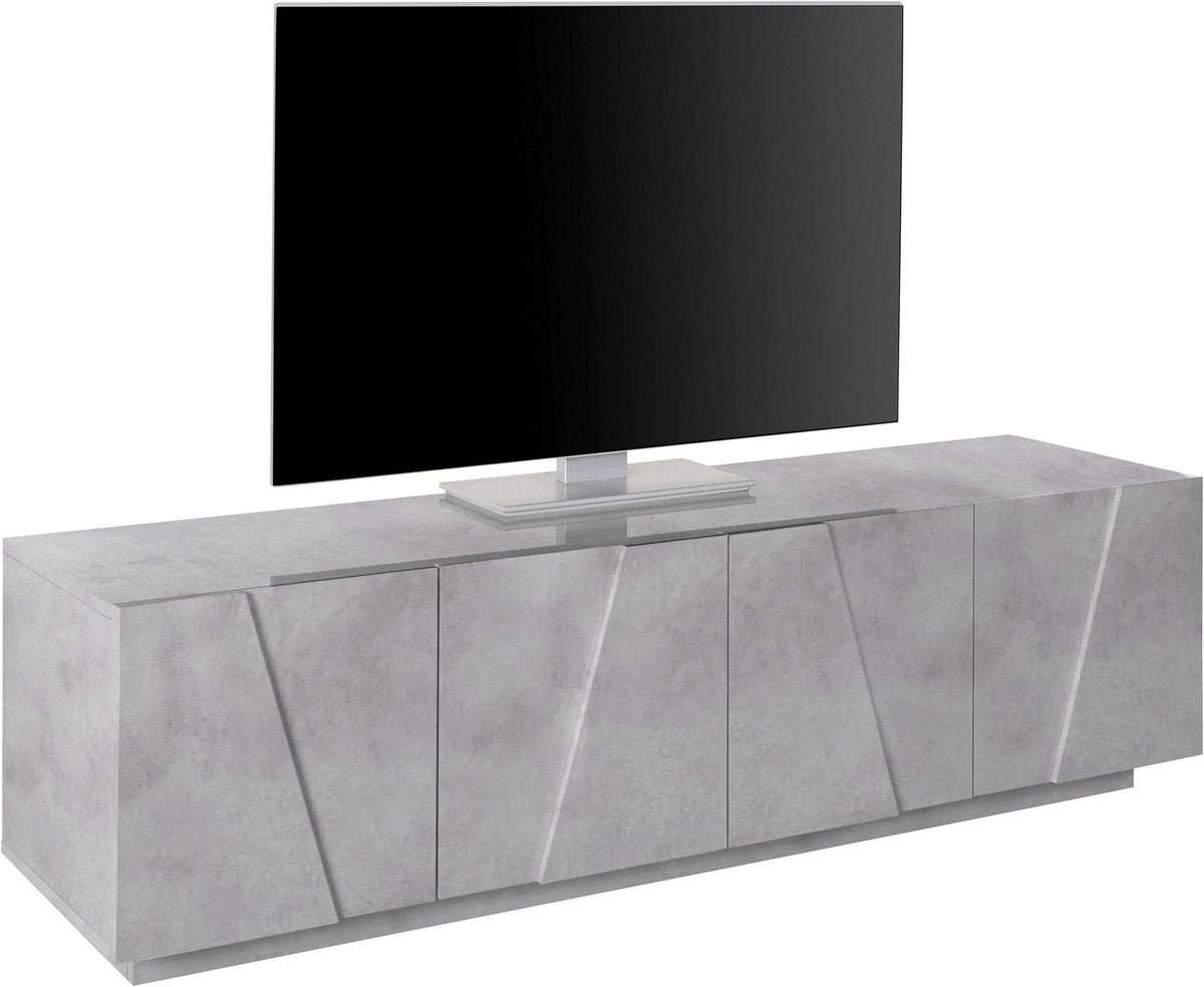 Porta TV PULSE cemento con quattro ante battenti a motivo geometrico, vista di tre quarti #colore_Cemento