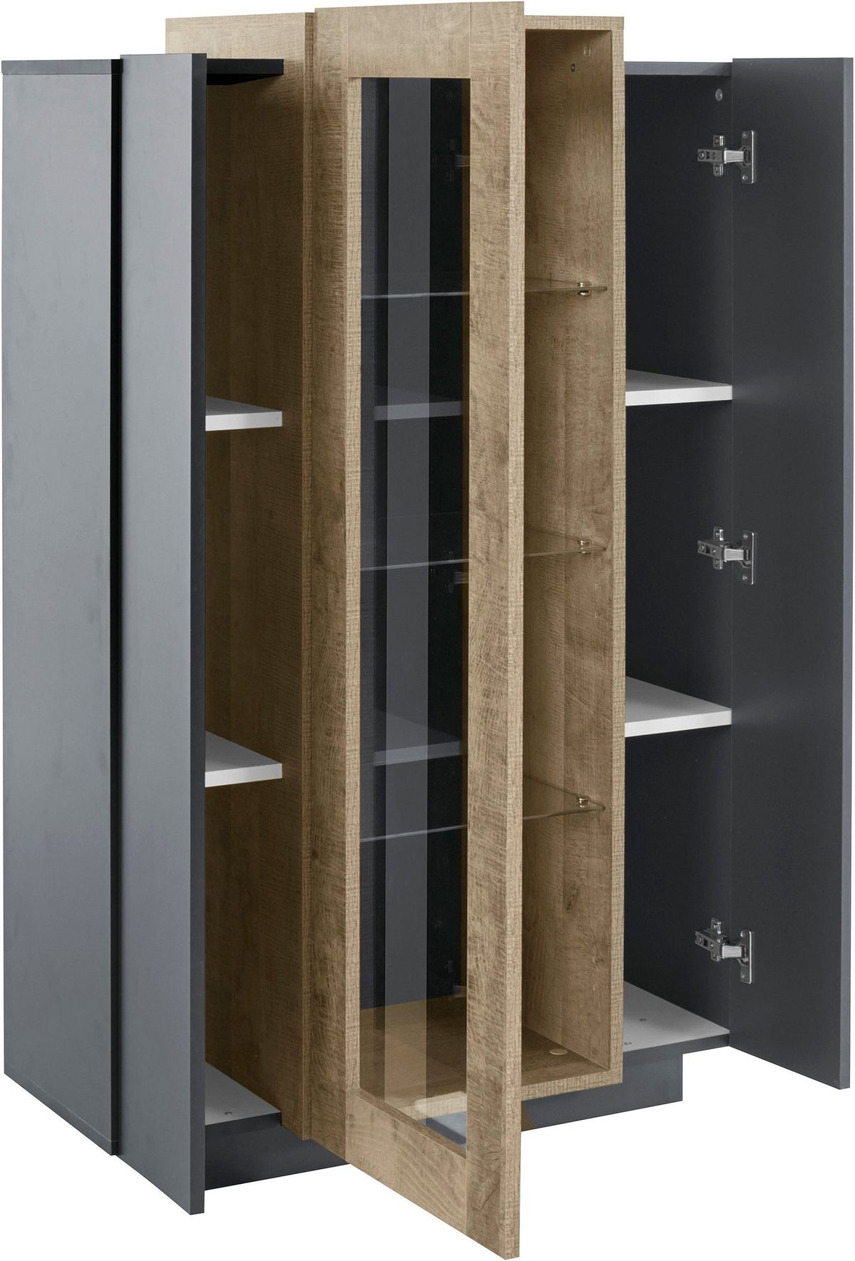 Vetrina CELESTIA antracite opaco e rovere con ante aperte, una vetrata e una cieca #colore_Antracite Opaco/Rovere