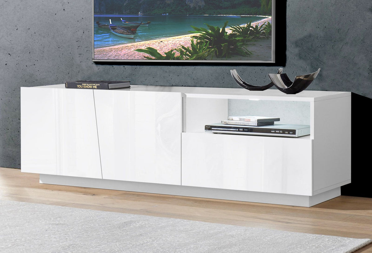 Porta TV GALAXIA bianco lucido ambientato in soggiorno con televisore acceso sulla parete #colore_Bianco Lucido