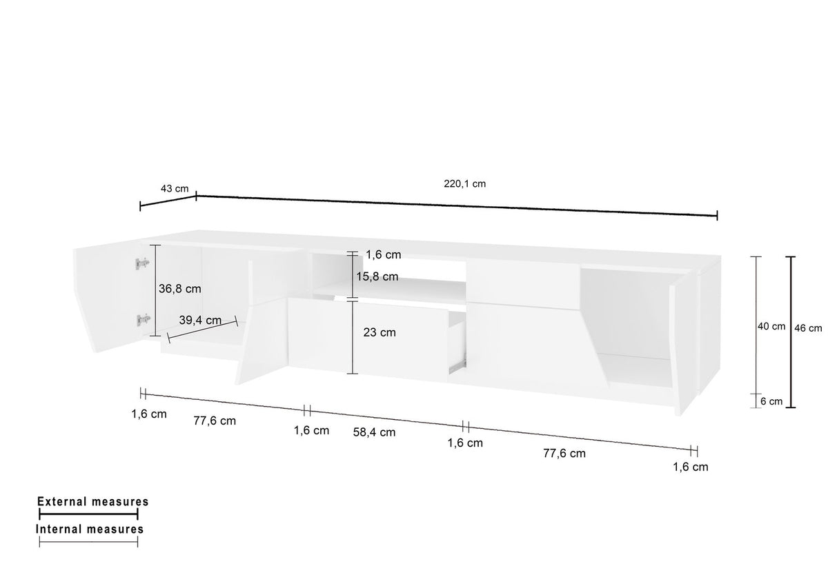 Schema tecnico del porta TV NEBULA bianco lucido con quote delle misure esterne e interne #colore_Bianco Lucido