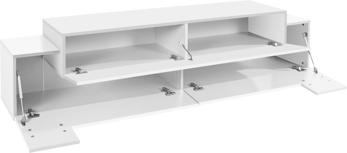 Porta TV CELESTIA bianco con quattro ante aperte e ripiani interni #colore_Bianco Opaco/Bianco Lucido