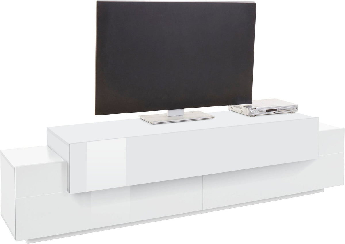 Porta TV CELESTIA bianco con ribalta abbassata e cubi laterali, fondo bianco #colore_Bianco Opaco/Bianco Lucido