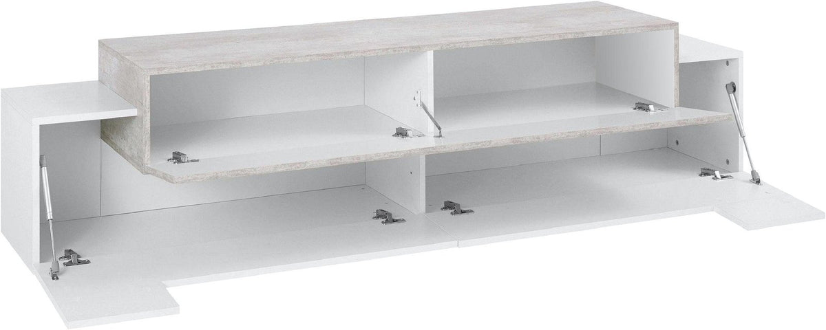 Porta TV CELESTIA bianco con ante aperte e ripiano superiore effetto cemento che sporge in avanti #colore_Bianco Lucido/Cemento