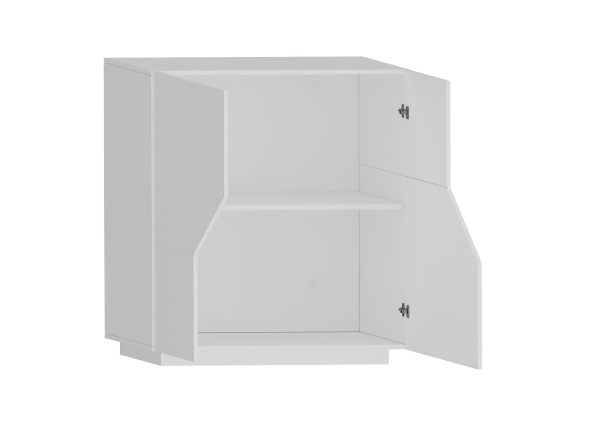 Render della credenza NEBULA bianco lucido con ante aperte e interno a due scomparti