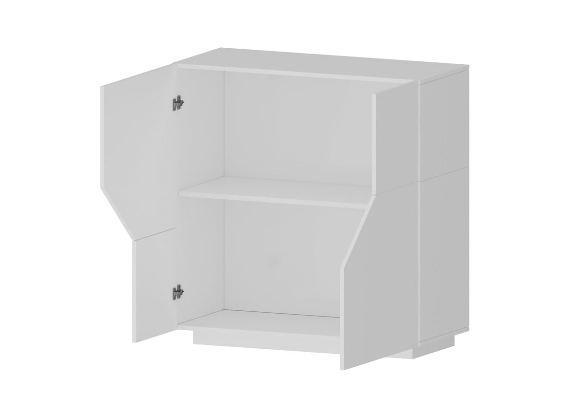 Credenza NEBULA bianco lucido con ante aperte su fondo bianco, cerniere metalliche in vista