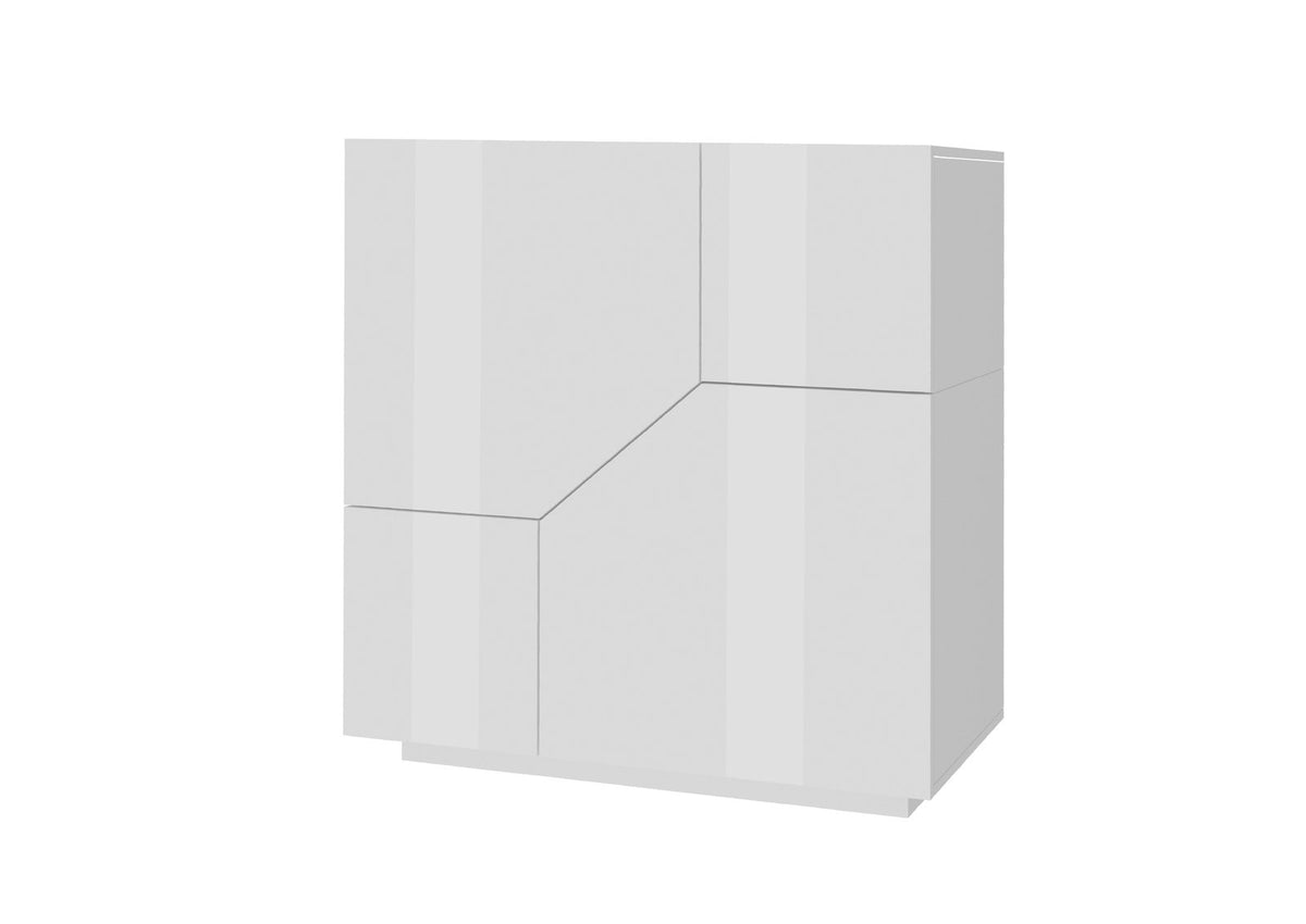 Credenza NEBULA bianco lucido chiusa su fondo bianco, dettaglio delle linee diagonali sul fronte