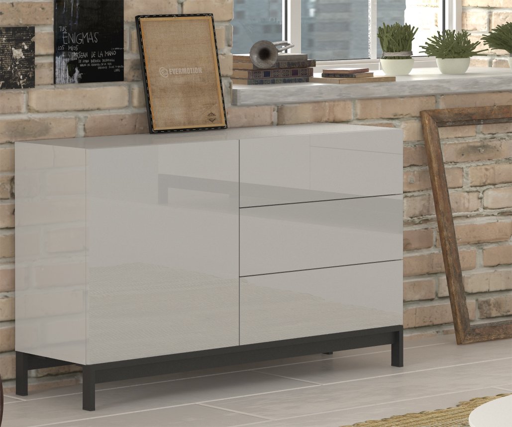 Credenza NEXUS bianco lucido con anta e tre cassetti in salotto con muro di mattoni