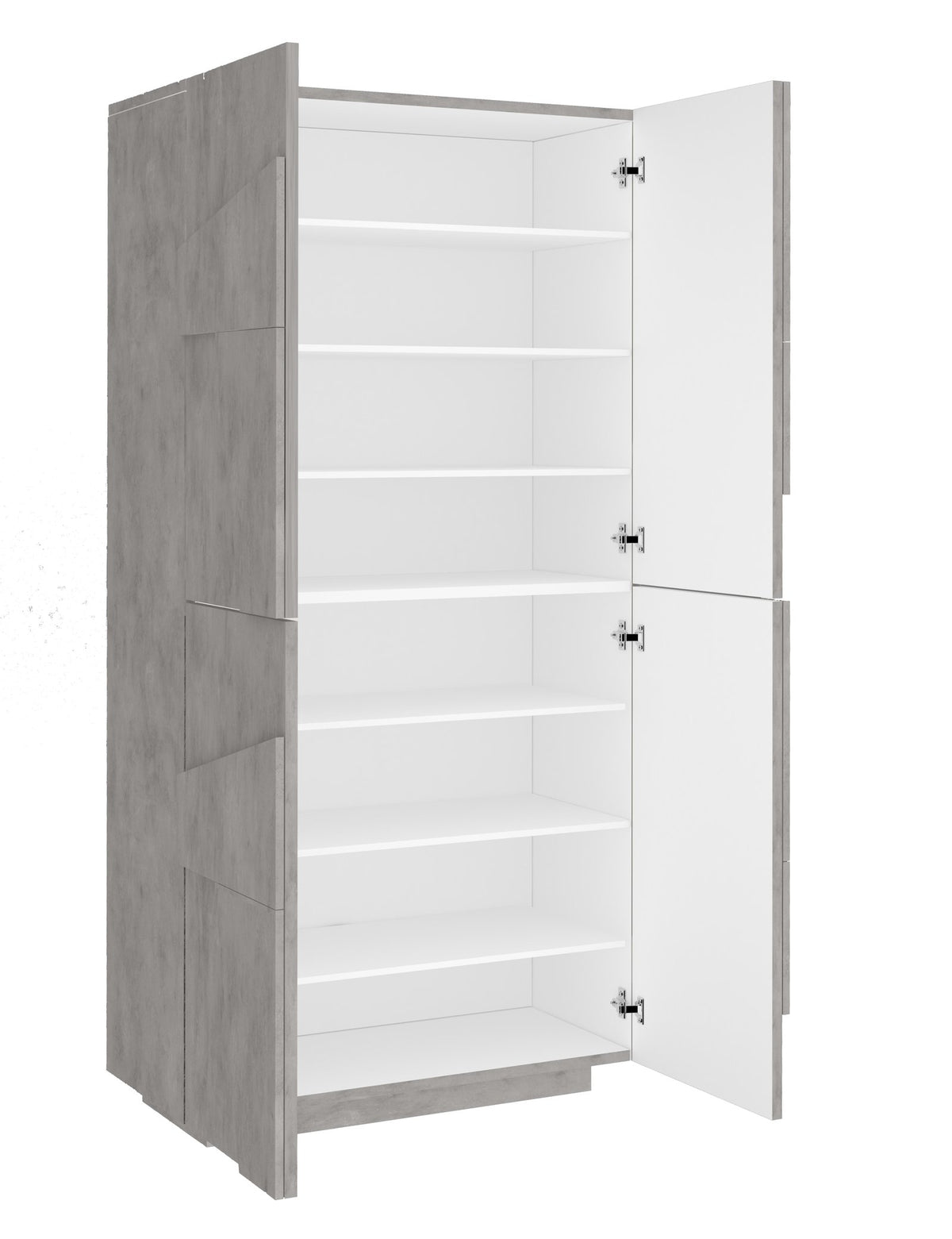 Scarpiera PULSE cemento a due vani con ante aperte, interno bianco con cinque ripiani per vano #colore_Cemento