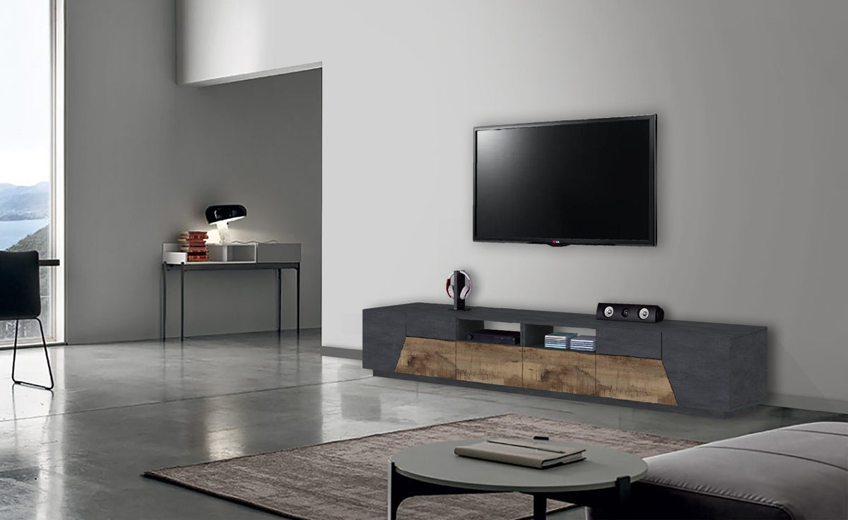 Porta TV NEBULA effetto legno con base antracite in un soggiorno con finestra sul lago #colore_Effetto Legno/Acero Pereira