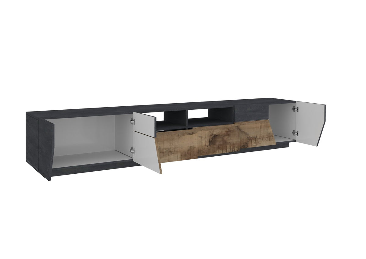Porta TV NEBULA effetto legno grigio scuro con ante aperte e cassetto centrale #colore_Effetto Legno/Acero Pereira