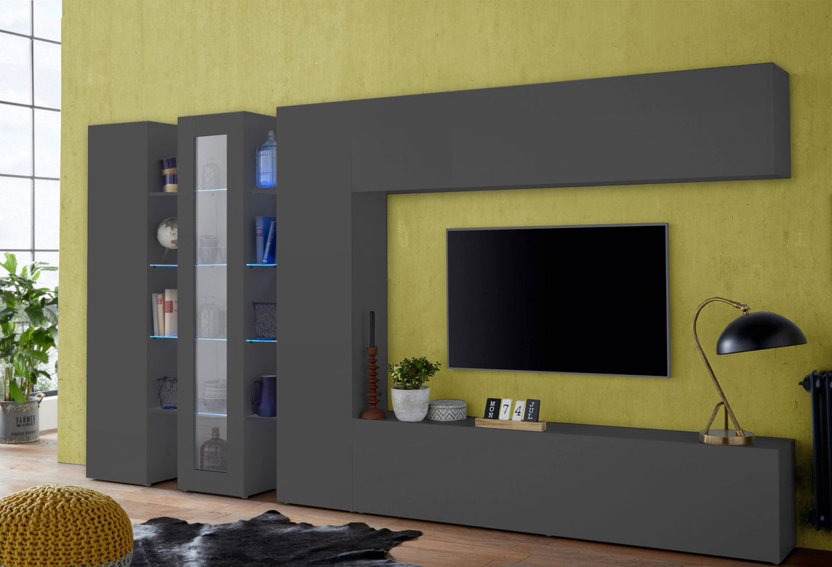Composizione a parete ECHO antracite opaco con ribalte, televisore e vetrina illuminata #colore_Antracite Opaco