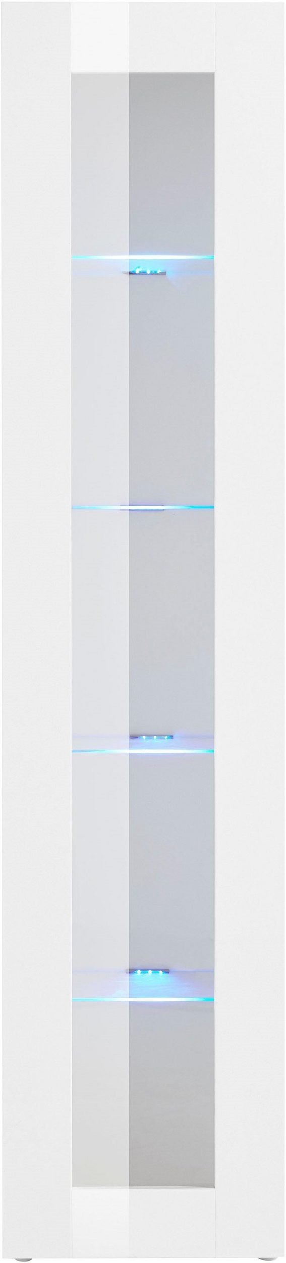Vetrina ECHO bianco lucido frontale con ripiani illuminati da LED azzurri #colore_Bianco Lucido