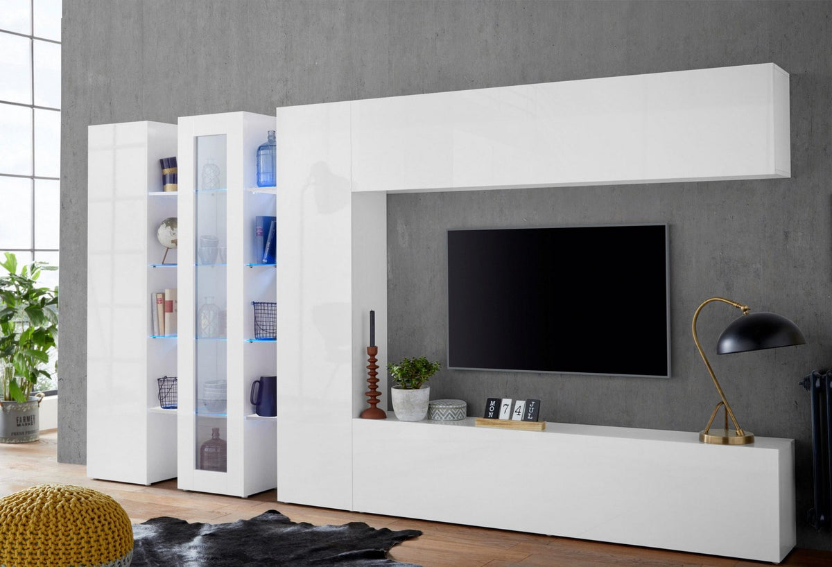 Parete attrezzata ECHO bianco lucido con TV e ripiani illuminati in soggiorno #colore_Bianco Lucido