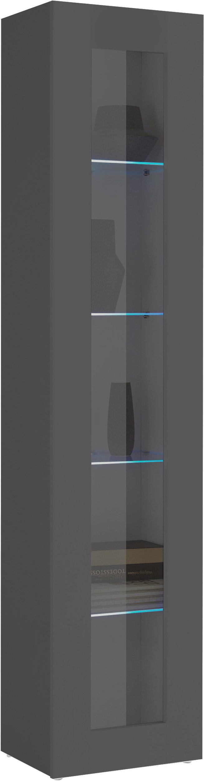 Vetrina ECHO antracite opaco di tre quarti con ripiani illuminati da LED blu #colore_Antracite Opaco