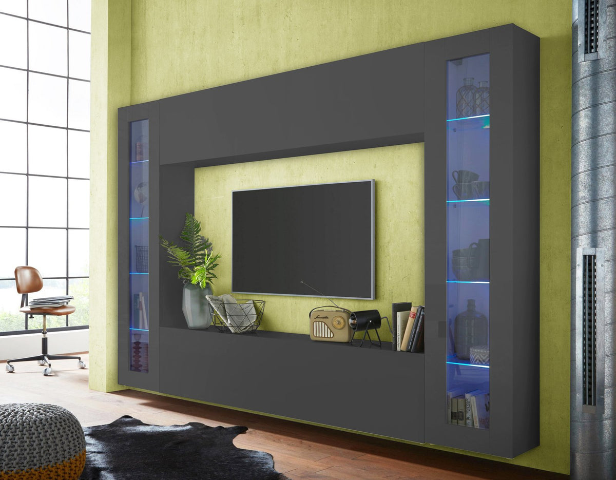 Parete attrezzata ECHO antracite opaco con vetrine laterali e TV in ambiente #colore_Antracite Opaco
